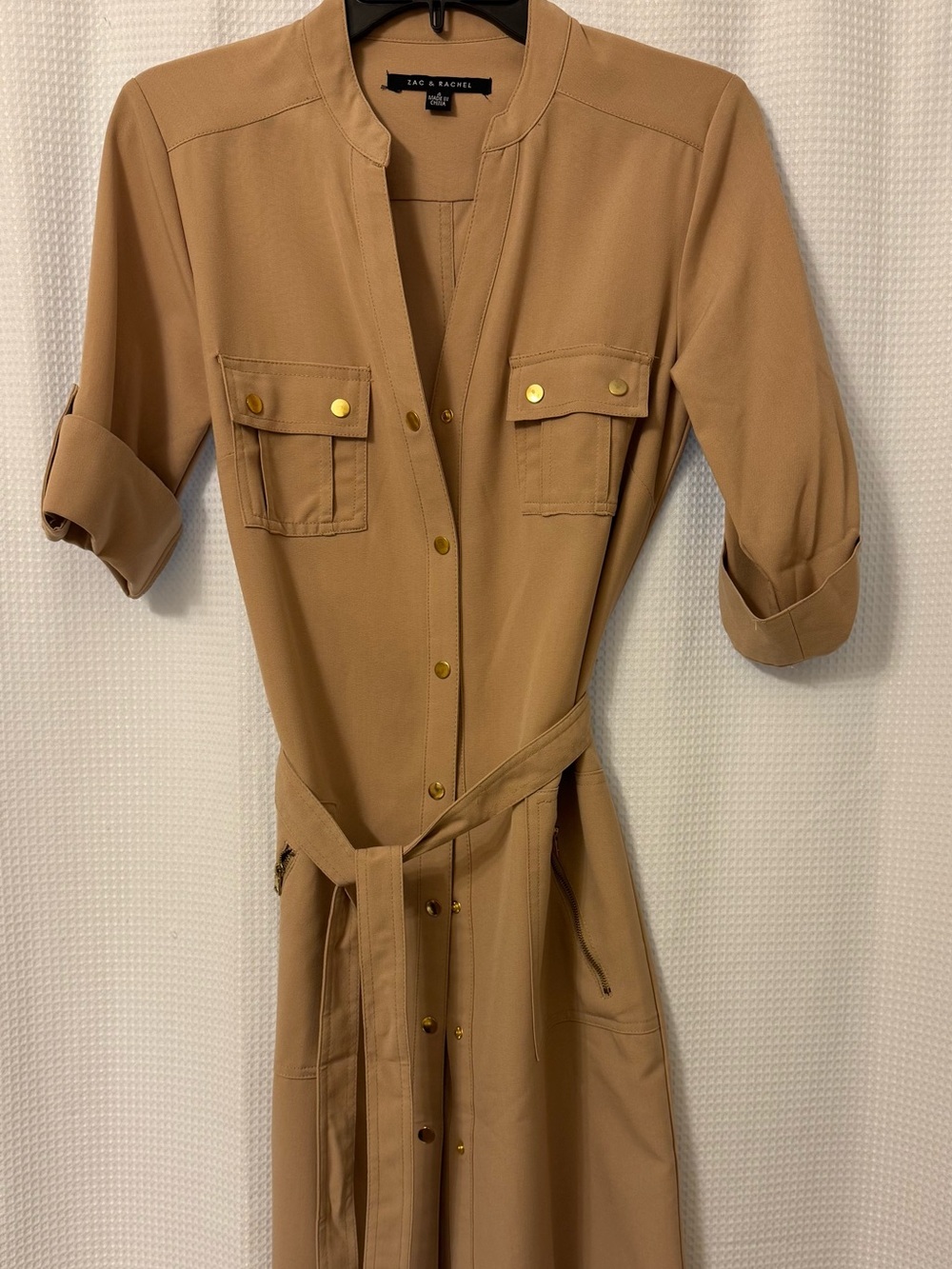 Zac & Rachel Camel Utility Knee Length Dress with Gold Hardware